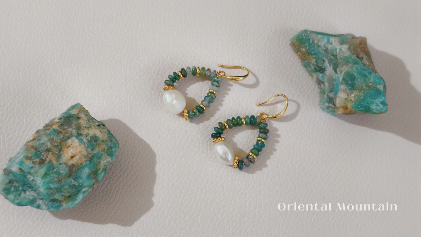 Indian Green Agate & Baroque Pearl Healing Earrings