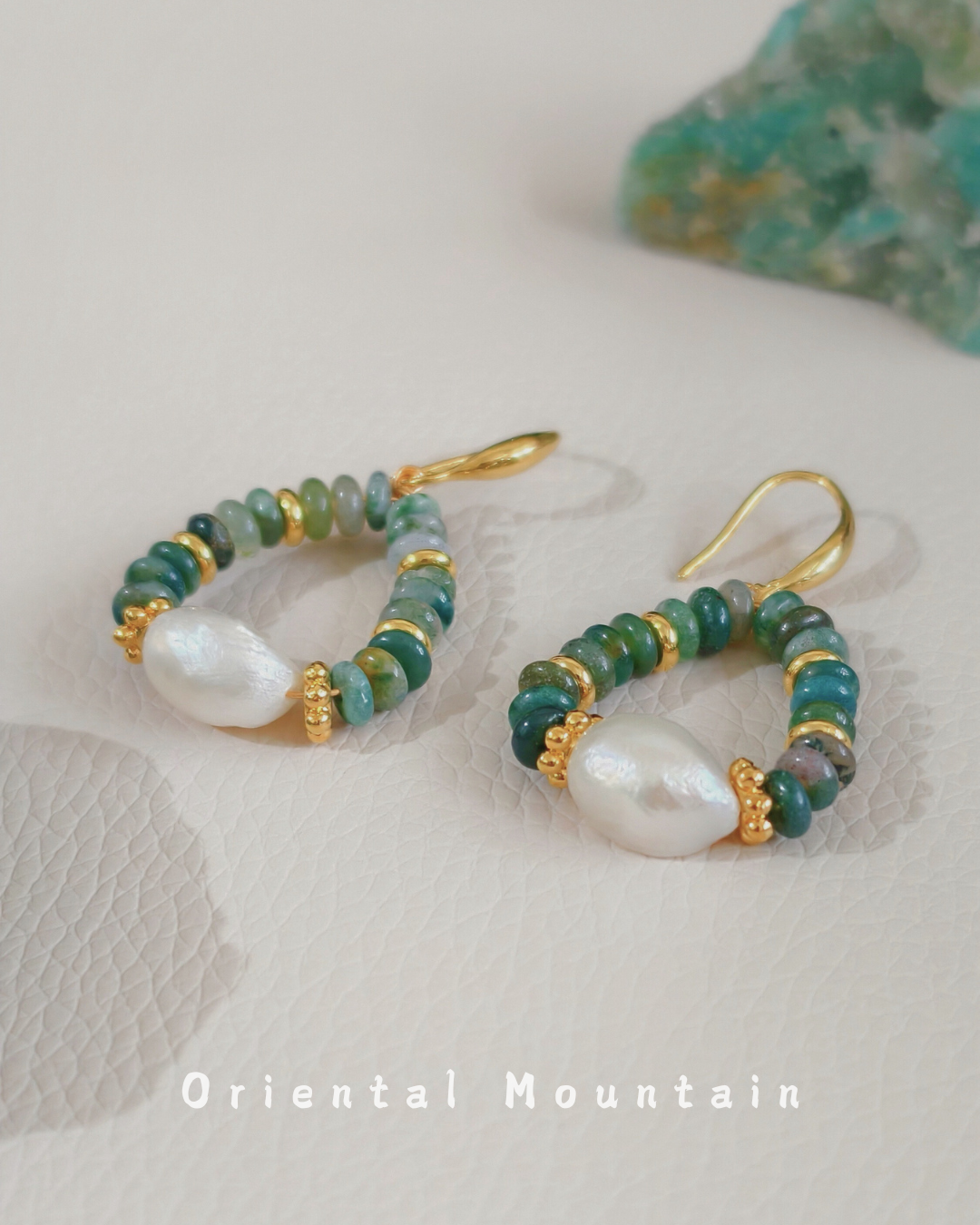 Indian Green Agate & Baroque Pearl Healing Earrings