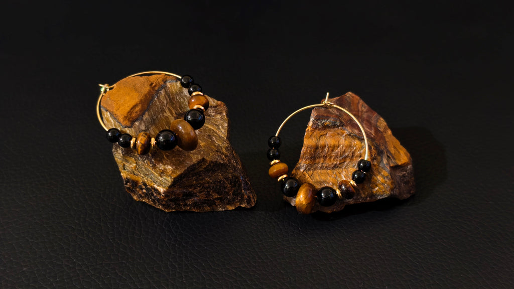 Universe Balancing Energy Earrings | Black Agate and Yellow Tiger's Eye Earrings