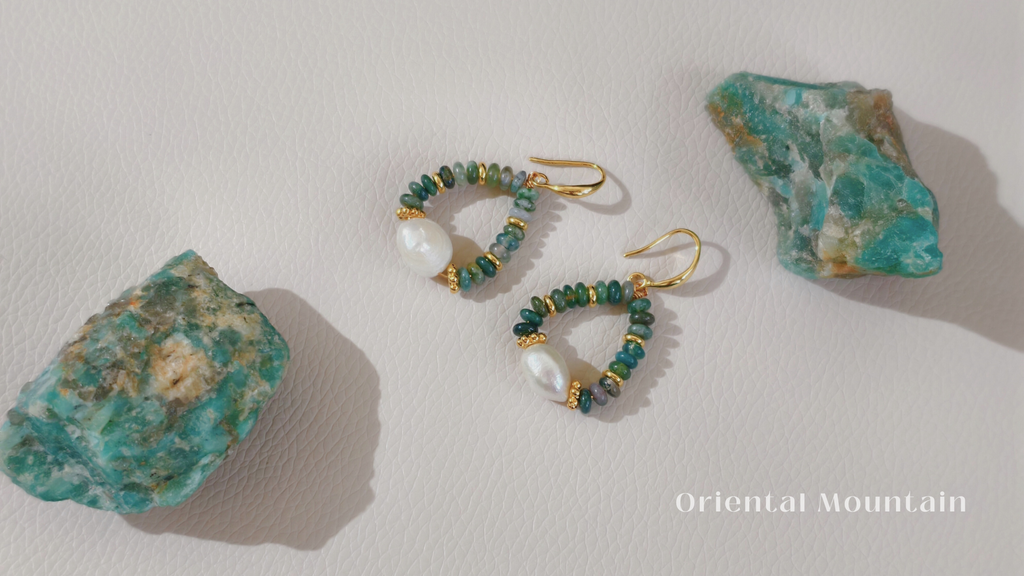 Indian Green Agate & Baroque Pearl  Healing Earrings